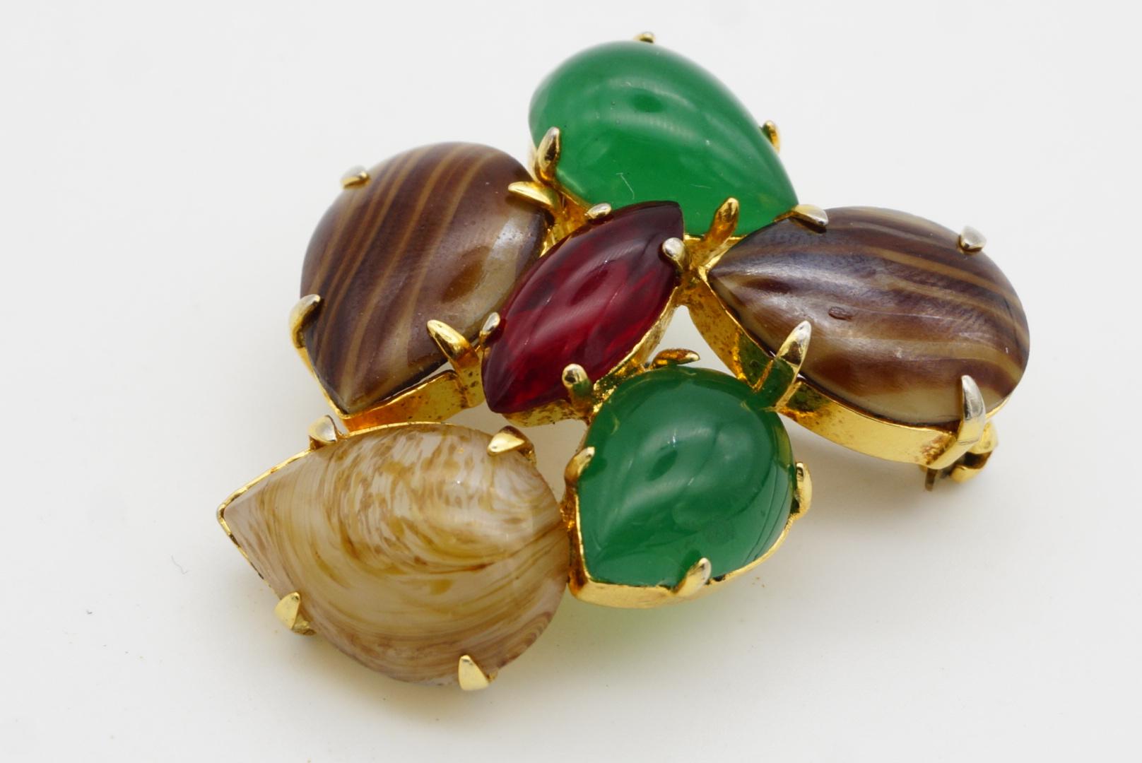 Christian Dior Vintage 1964 Jade Green Brown Ruby Cabochon Patchwork Gold Brooch For Sale 3