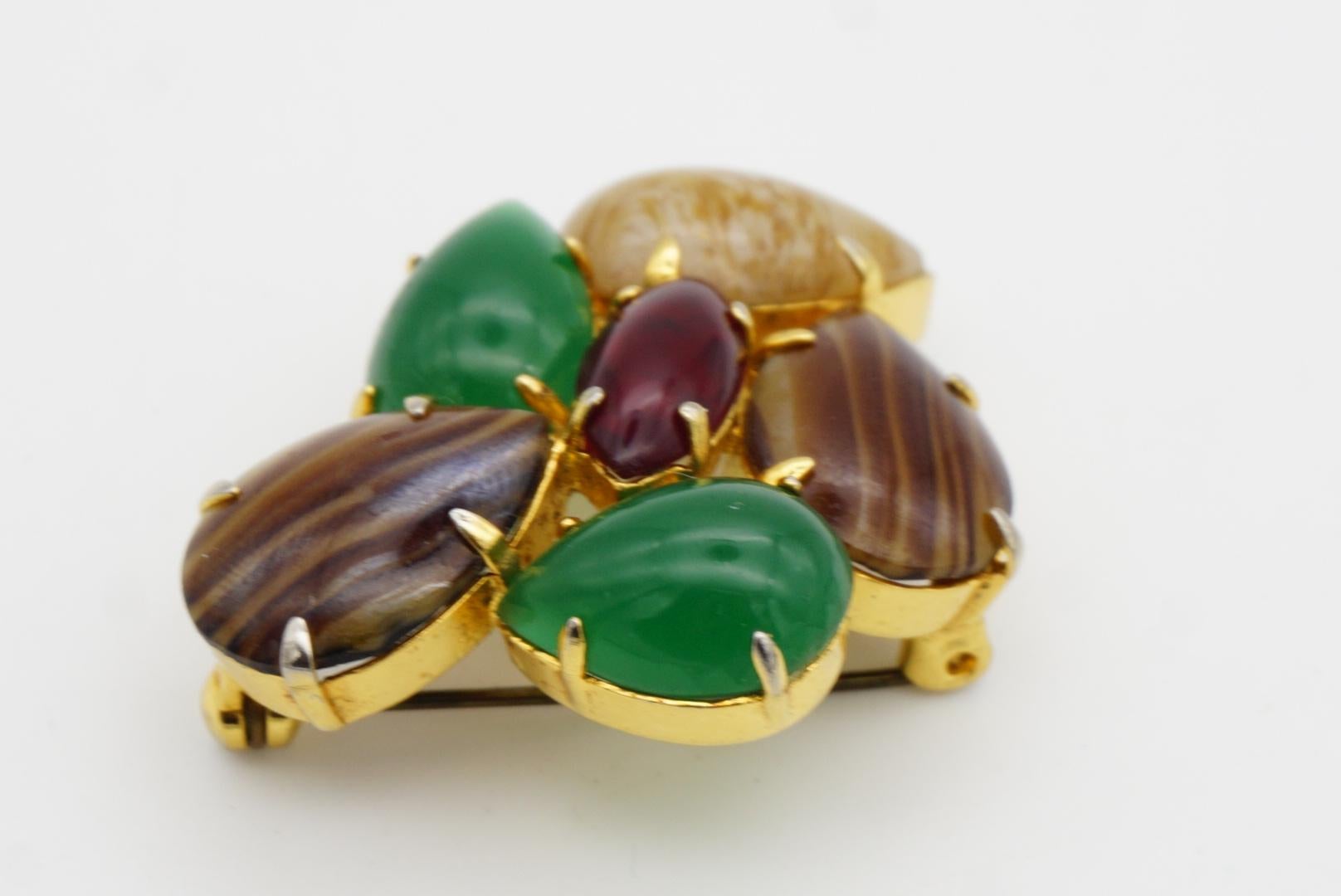 Christian Dior Vintage 1964 Jade Green Brown Ruby Cabochon Patchwork Gold Brooch For Sale 4