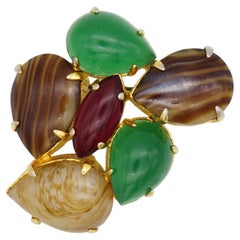 Christian Dior Vintage 1964 Jade Green Brown Ruby Cabochon Patchwork Gold Broche