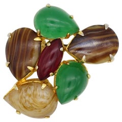 Christian Dior Vintage 1964 Jade Green Brown Ruby Cabochon Patchwork Gold Brooch