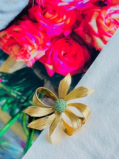 Christian Dior Vintage 1965 GROSSE Gold Turquoise Large Ribbon Floral Brooch
