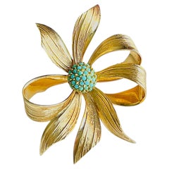 Christian Dior Vintage 1965 GROSSE Gold Turquoise Large Ribbon Floral Brooch