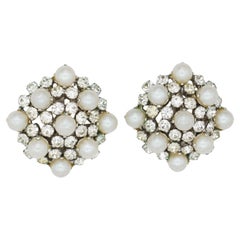 Christian Dior Vintage 1965 Rare White Pearls Crystals Exquisite Domed Earrings