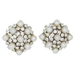 Christian Dior Vintage 1965 Rare White Pearls Crystals Exquisite Domed Earrings