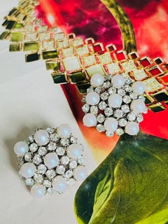 Christian Dior Vintage 1965 White Pearls Crystal Snowflake Flower Clip Earrings