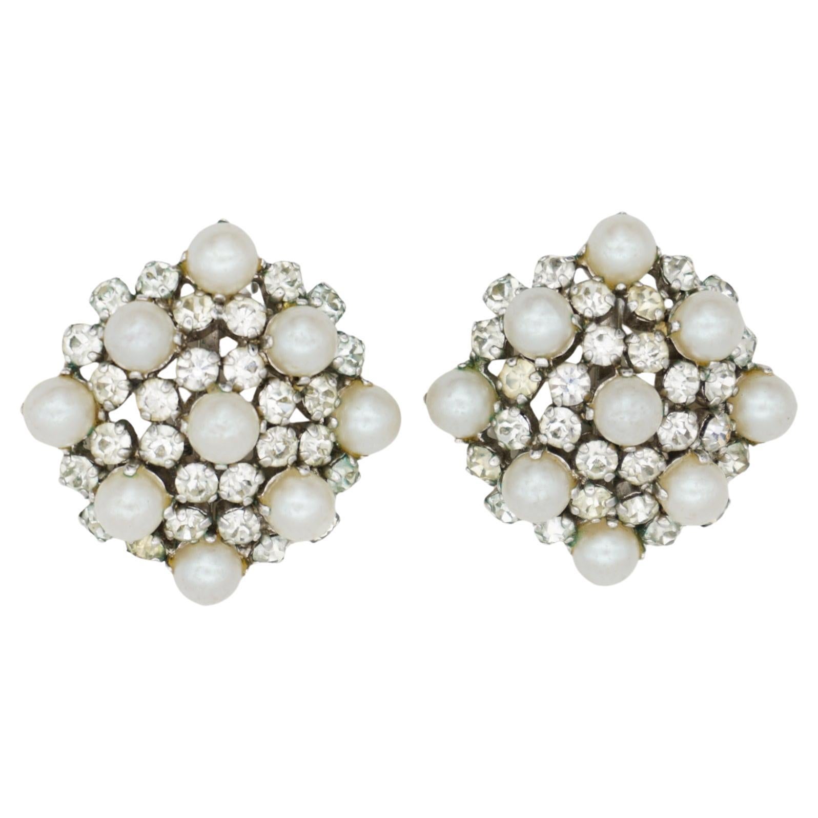 Christian Dior Vintage 1965 White Pearls Crystal Snowflake Flower Clip Earrings For Sale