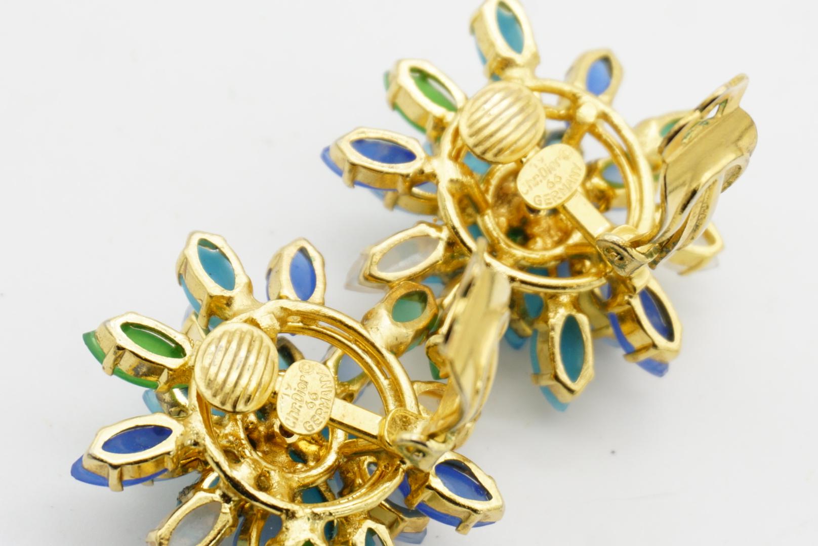 Christian Dior Vintage 1966 Gripoix Emerald Sapphire Snowflake Flower Earrings For Sale 9