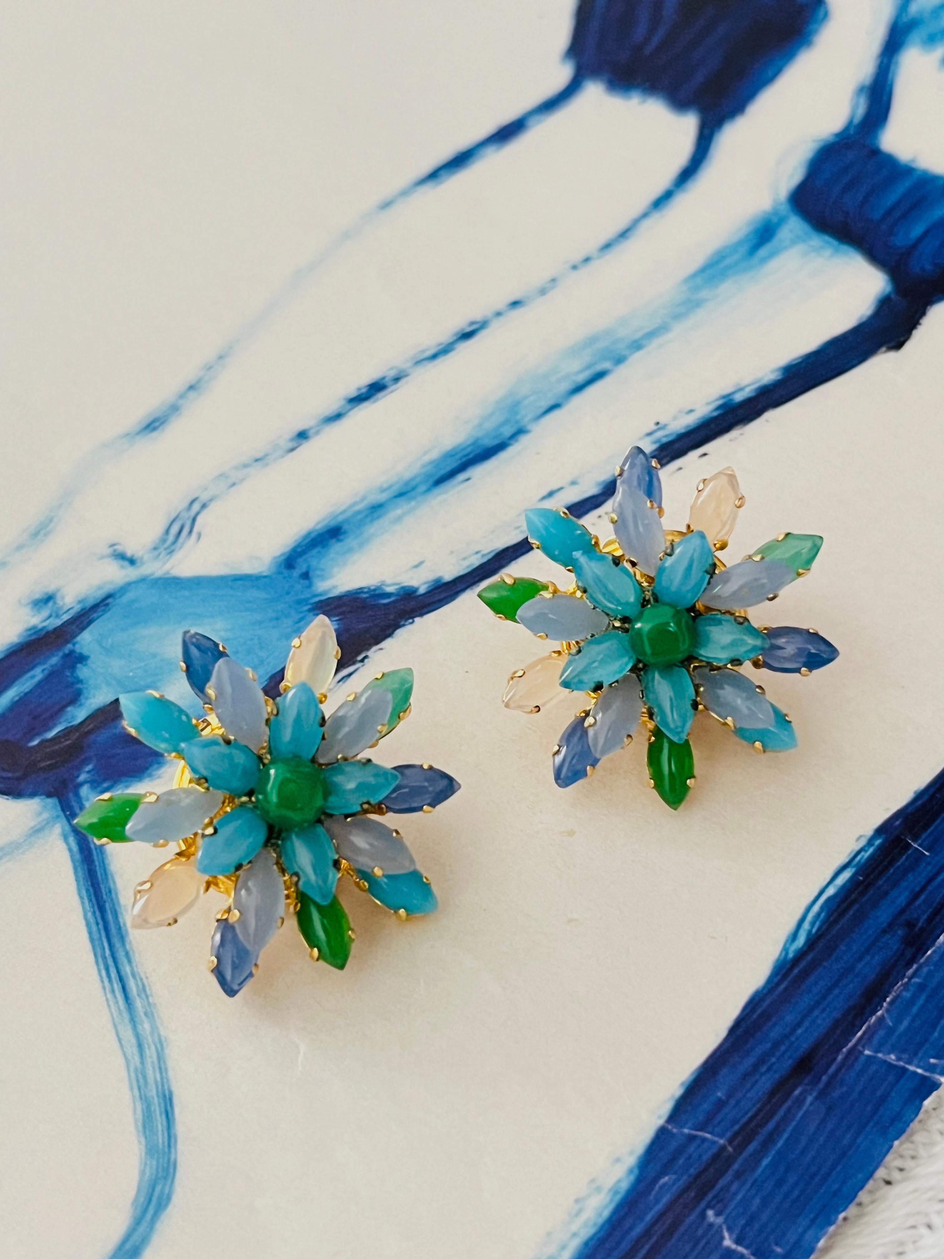 Art Deco Christian Dior Vintage 1966 Gripoix Emerald Sapphire Snowflake Flower Earrings For Sale
