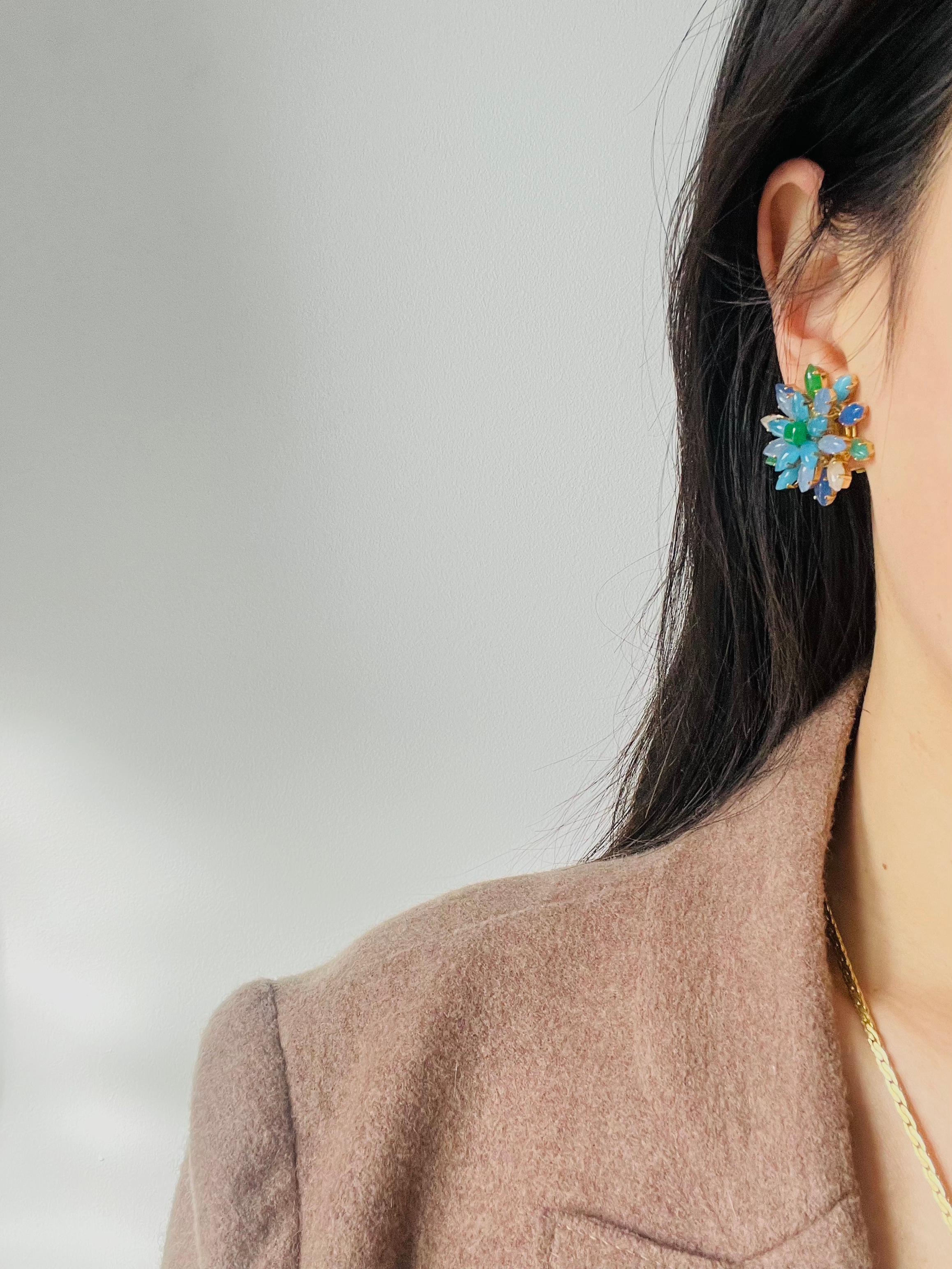 Christian Dior Vintage 1966 Gripoix Emerald Sapphire Snowflake Flower Earrings For Sale 1