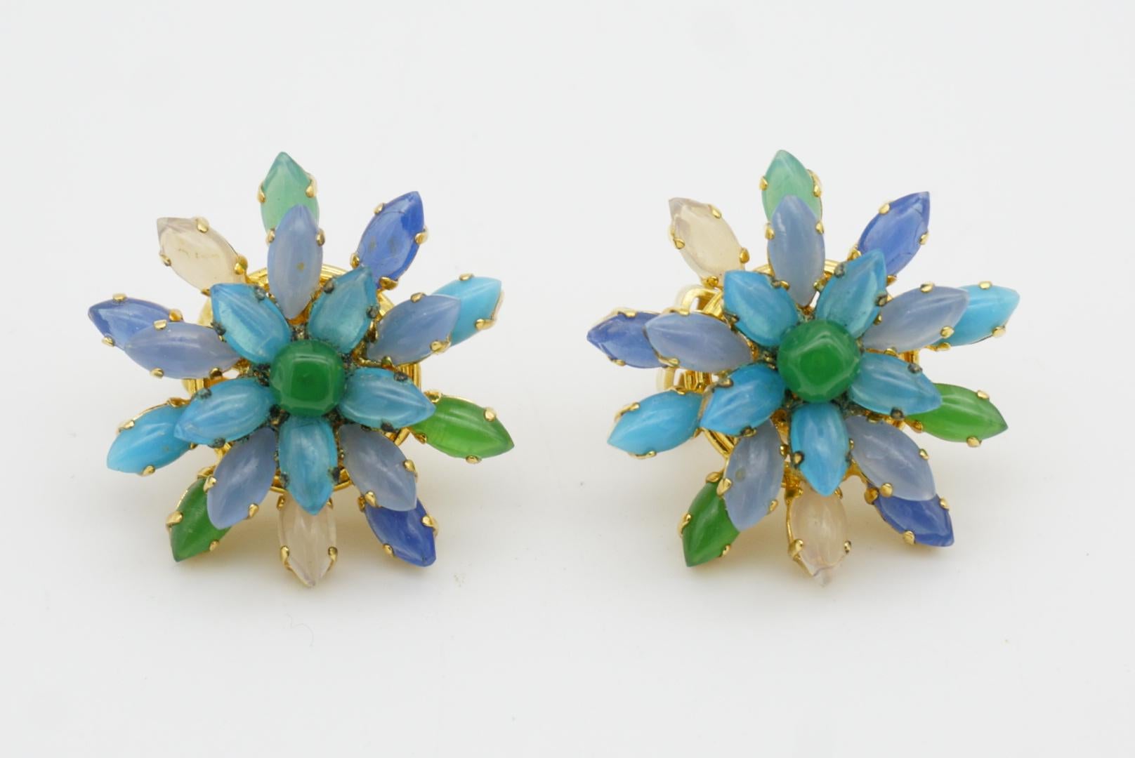 Christian Dior Vintage 1966 Gripoix Emerald Sapphire Snowflake Flower Earrings For Sale 4