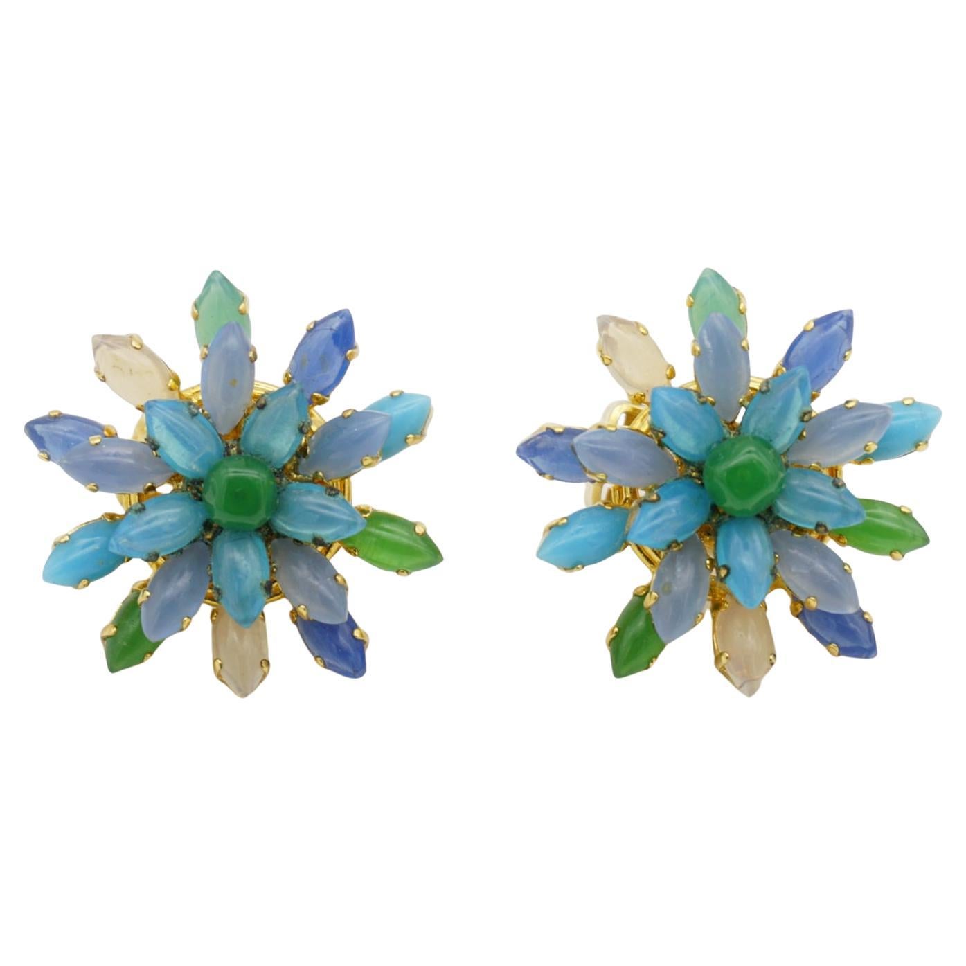 Christian Dior Vintage 1966 Gripoix Emerald Sapphire Snowflake Flower Earrings For Sale