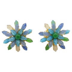 Christian Dior Vintage 1966 Gripoix Emerald Sapphire Snowflake Flower Earrings