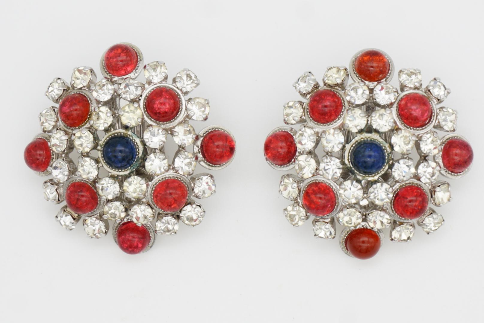 Christian Dior Vintage 1966 Gripoix Rubin Saphir Kristalle Blume Clip Ohrringe im Angebot 3
