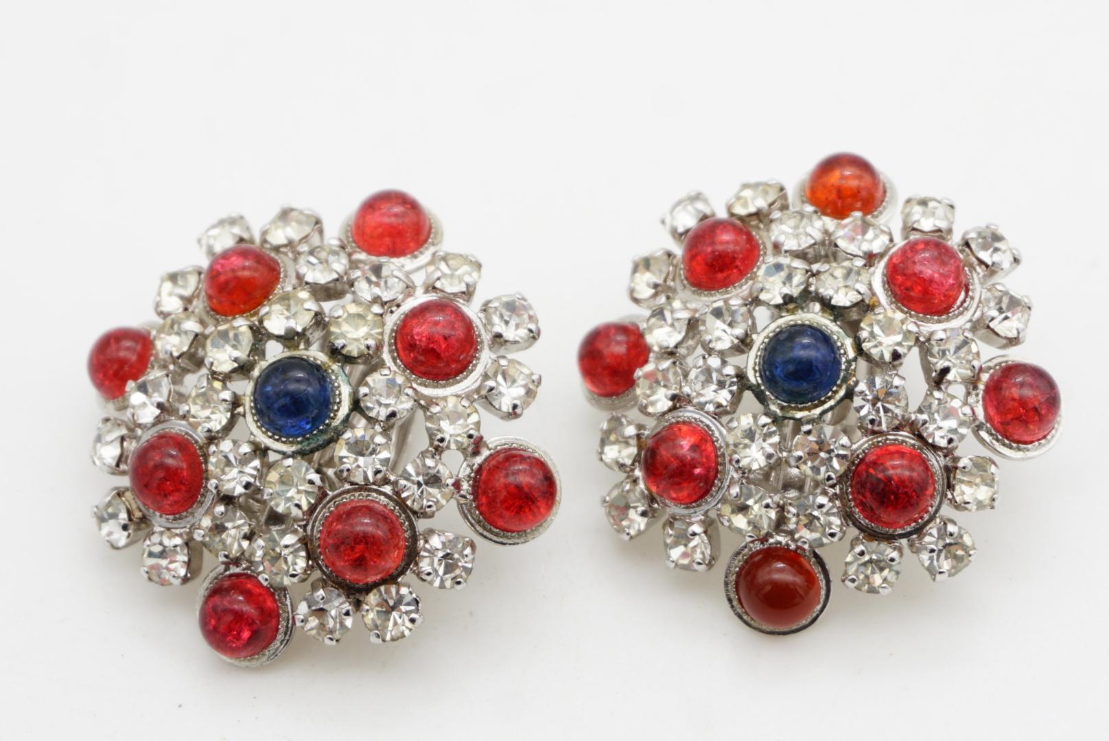 Christian Dior Vintage 1966 Gripoix Rubin Saphir Kristalle Blume Clip Ohrringe im Angebot 4