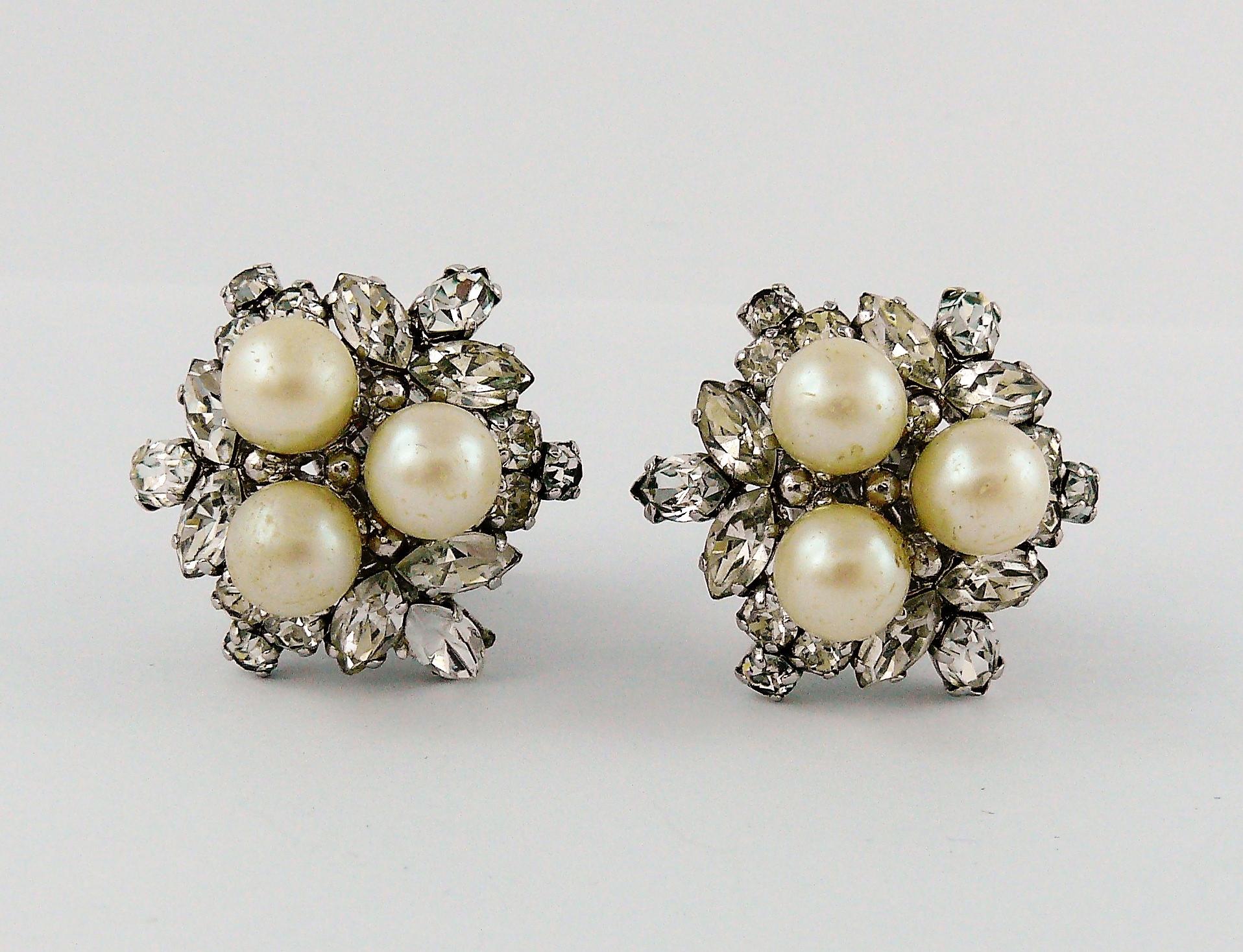 Women's Christian Dior Vintage 1966 Rhinestone Pearl Clip On Earrings