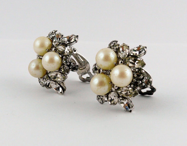 Christian Dior Vintage 1966 Rhinestone Pearl Clip On Earrings at 1stDibs
