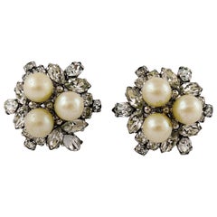 Christian Dior Vintage 1966 Rhinestone Pearl Clip On Earrings