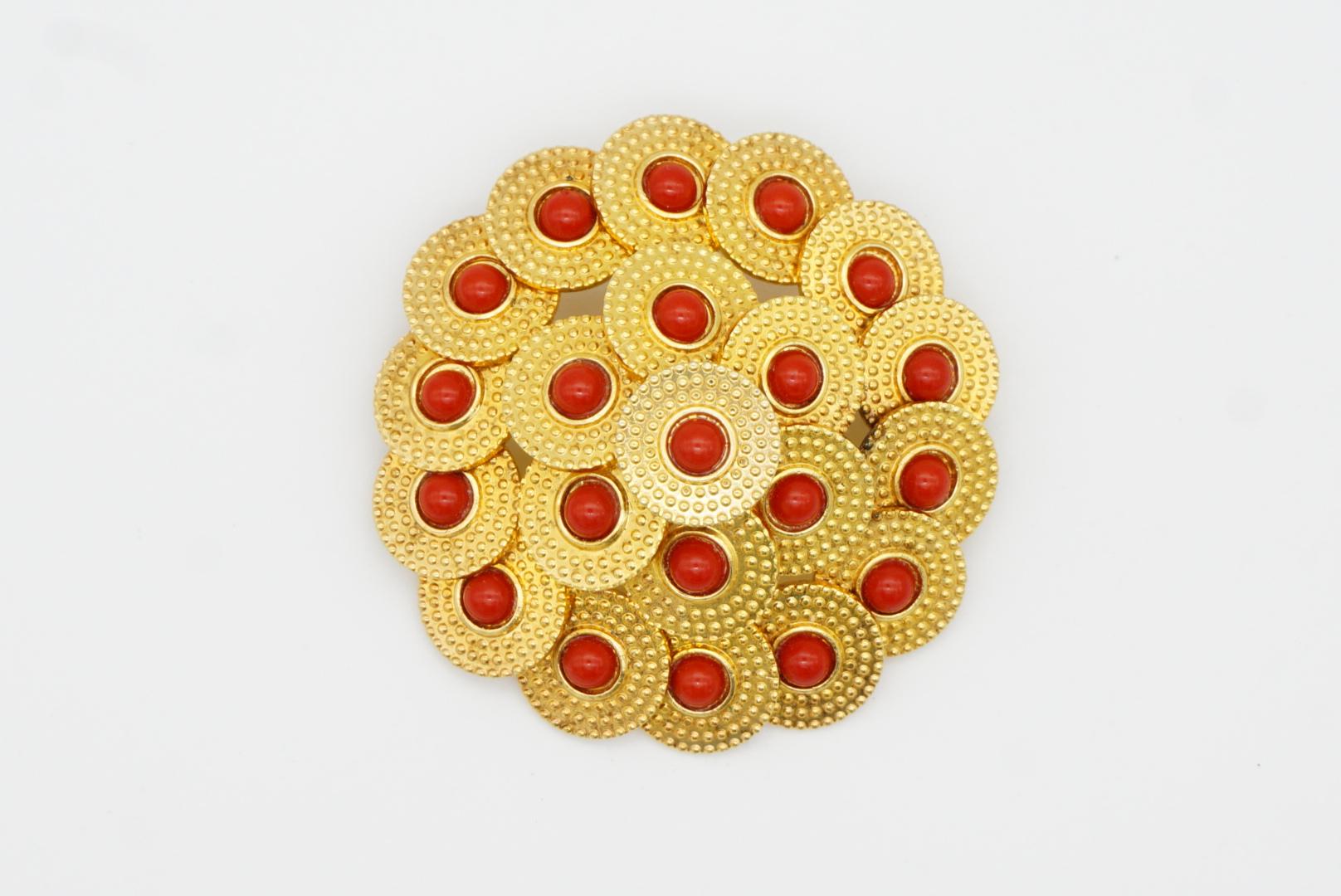 Christian Dior Vintage 1967 Disc Circle Red Beads Balls Openwork Domed Brooch For Sale 5
