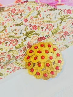 Christian Dior Vintage 1967 Disc Circle Red Beads Balls Openwork Domed Brooch
