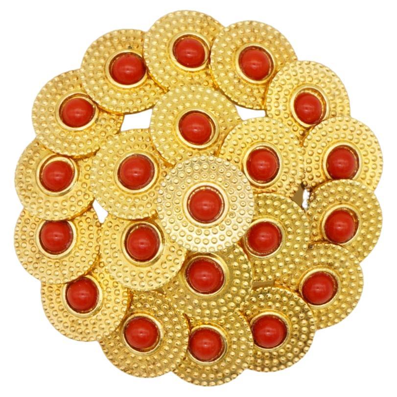 Christian Dior Vintage 1967 Disc Circle Red Beads Balls Openwork Domed Brooch For Sale