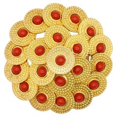 Christian Dior Vintage 1967 Disc Circle Red Beads Balls Openwork Domed Brooch