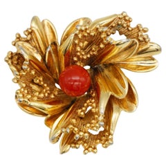 Christian Dior Vintage 1967 GROSSE Red Gold Flower Stone Double Layers Brooch