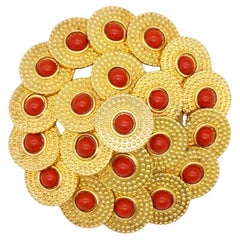 Christian Dior Vintage 1967 Rare Red Circle Cabochon Gold Domed Openwork Brooch