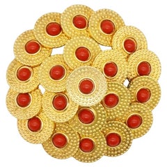 Christian Dior Vintage 1967 Red Bead Cabochon Swirl Circle Openwork Dome Brooch