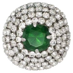 Christian Dior Vintage 1967 Silver Green Emerald Crystals Layers Domed Brooch