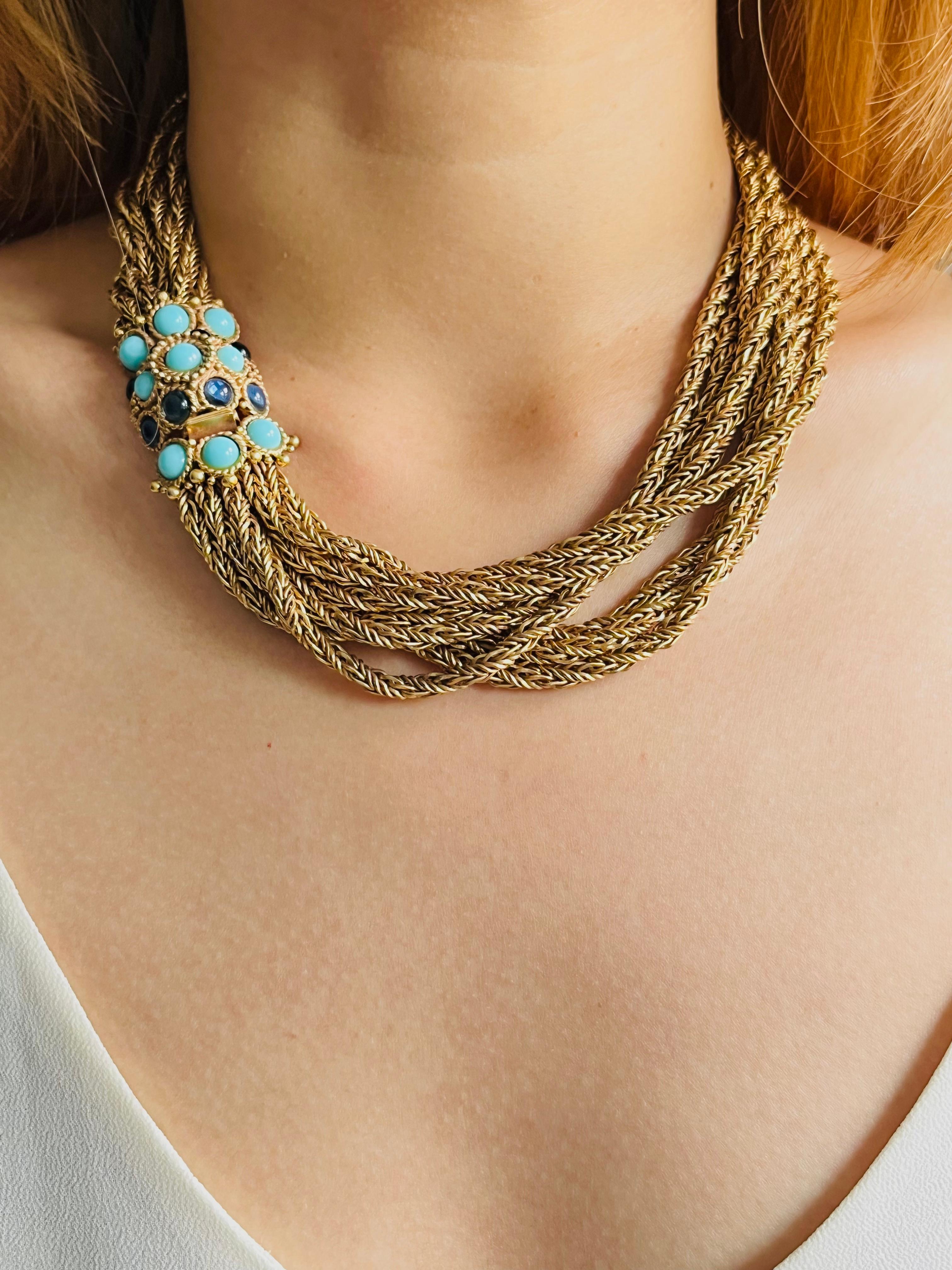 Christian Dior Vintage 1967 Turquoise Navy Cabochon 8 Strands Layers Necklace For Sale 5