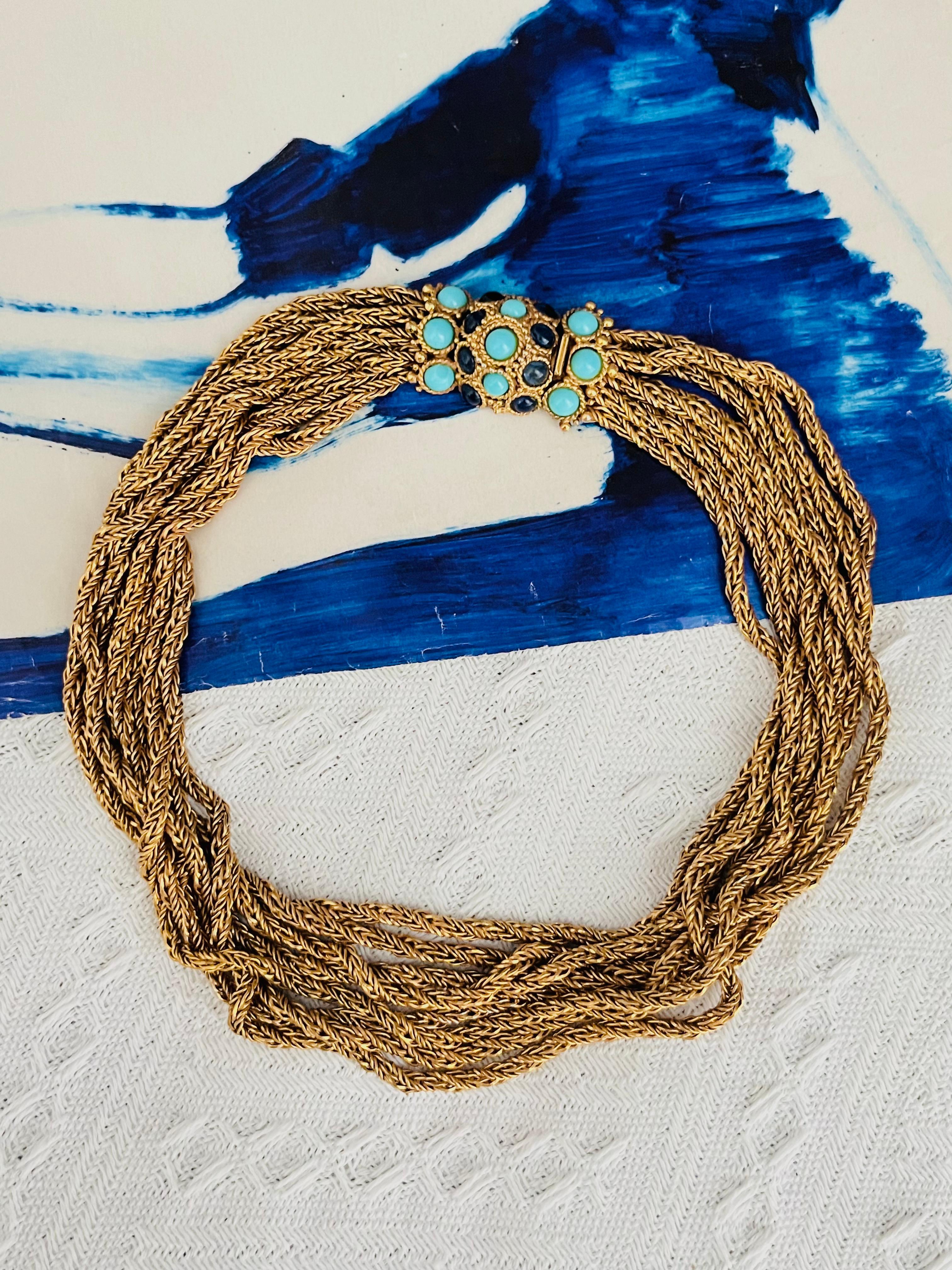 Christian Dior Vintage 1967 Turquoise Navy Blue Cabochon Crystals 8 Strands Layers Wheat Rope Chain Elegant Chunky Statement Necklace, Gold Plated

Very excellent condition. Maybe light scratches or colour loss, barely noticeable, 100% Genuine. Rare