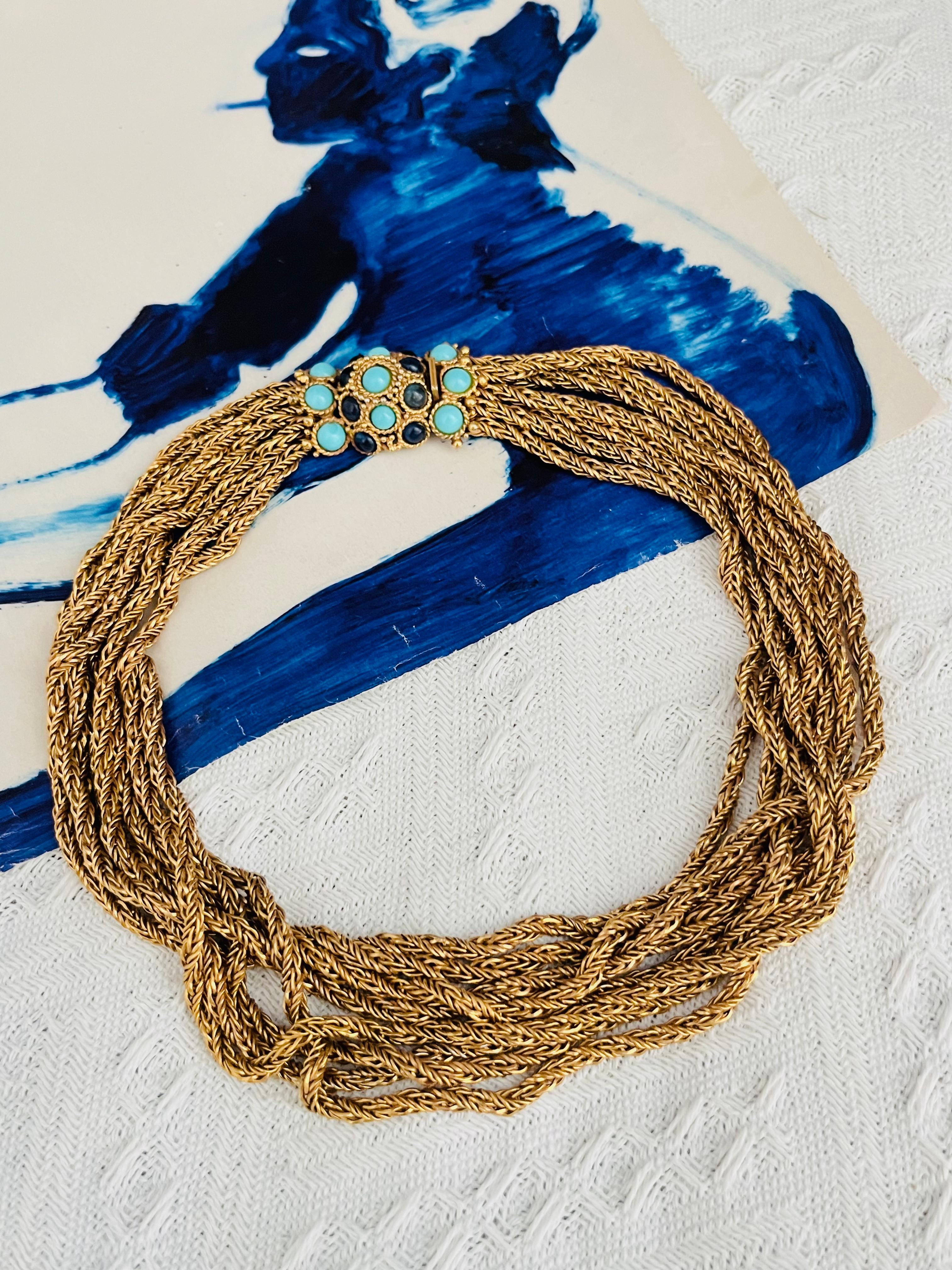 Art Deco Christian Dior Vintage 1967 Turquoise Navy Cabochon 8 Strands Layers Necklace For Sale