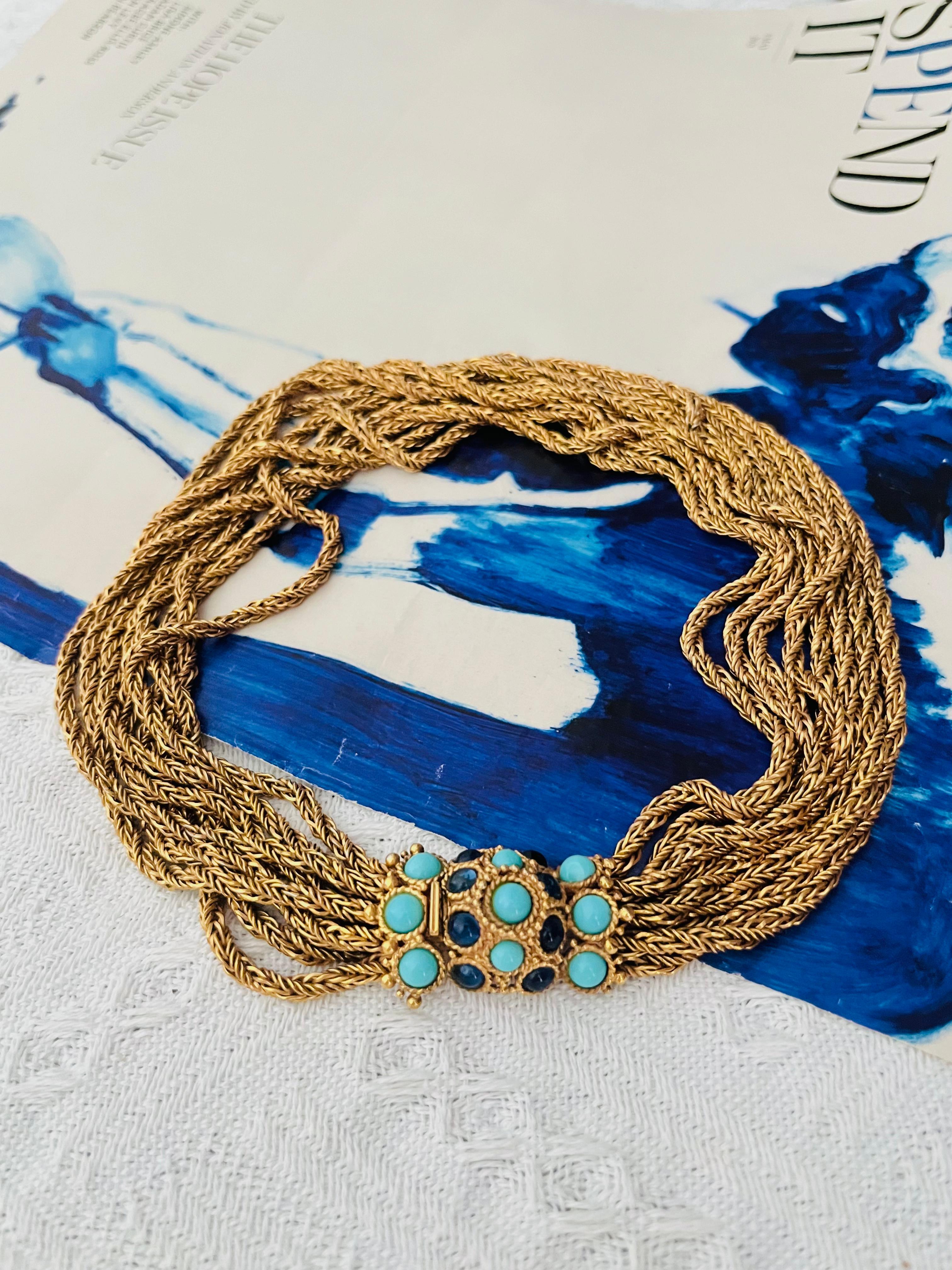 Christian Dior Vintage 1967 Turquoise Navy Cabochon 8 Strands Layers Necklace In Excellent Condition For Sale In Wokingham, England