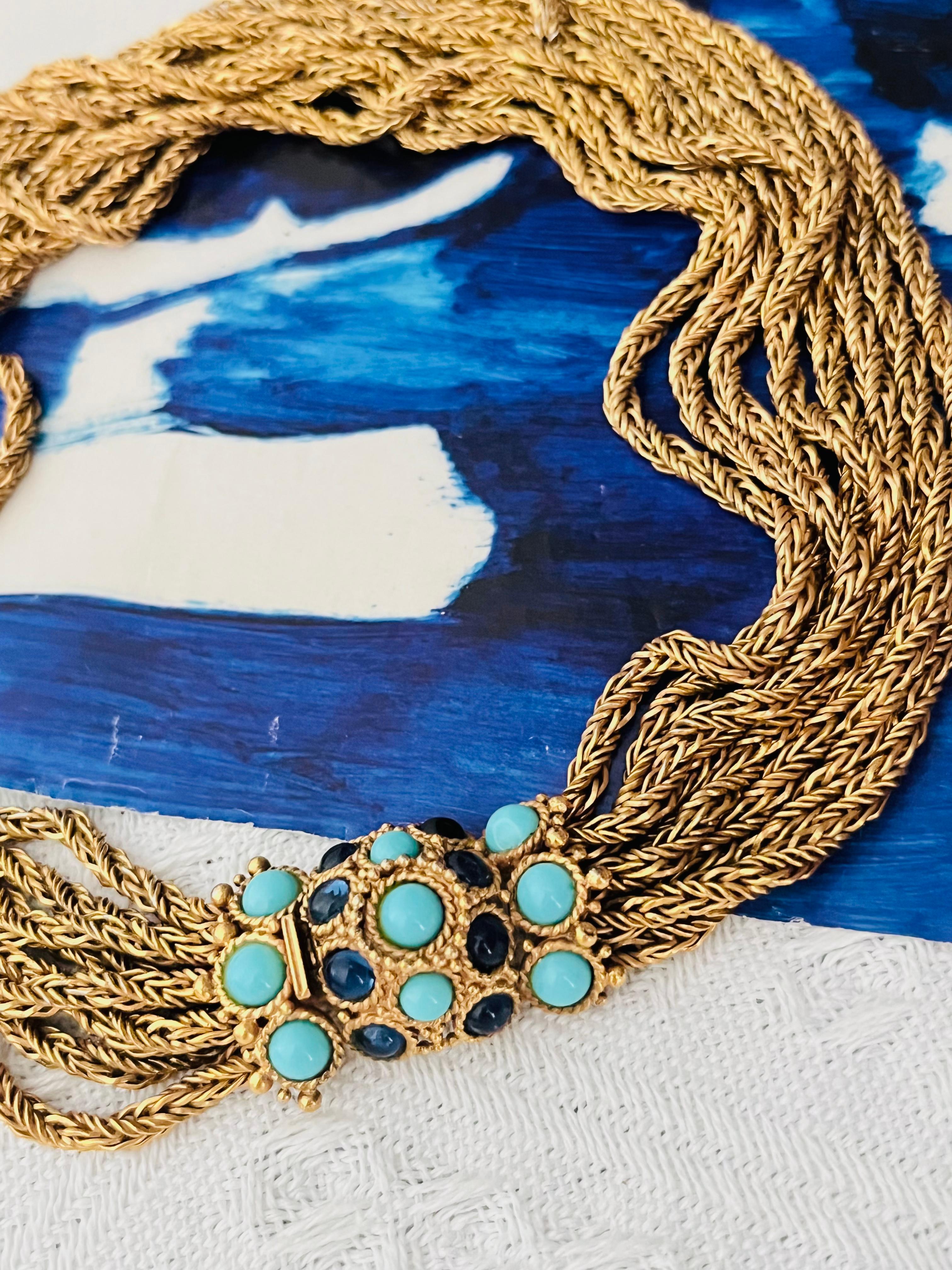 Women's or Men's Christian Dior Vintage 1967 Turquoise Navy Cabochon 8 Strands Layers Necklace For Sale