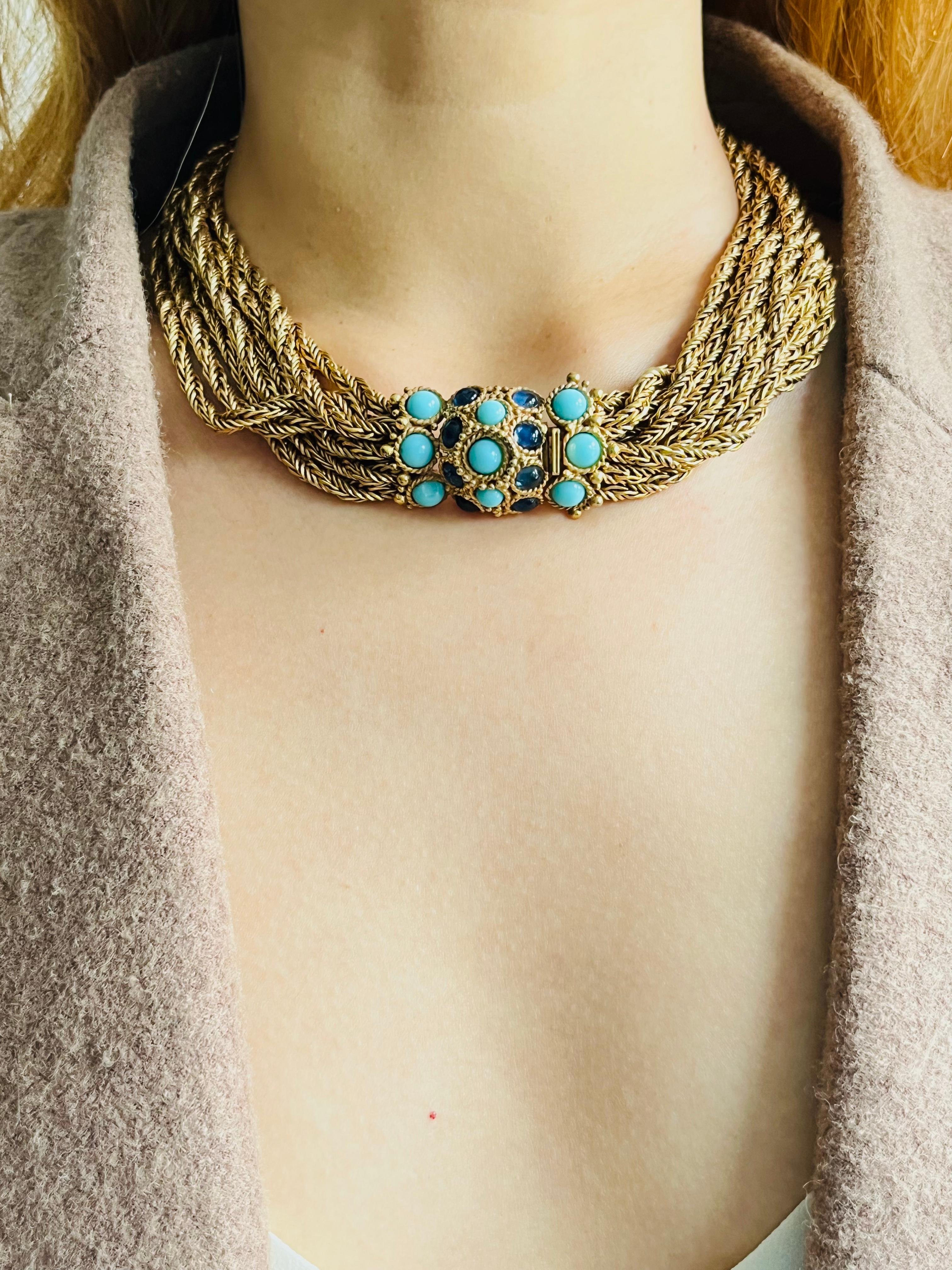 Christian Dior Vintage 1967 Turquoise Navy Cabochon 8 Strands Layers Necklace For Sale 3