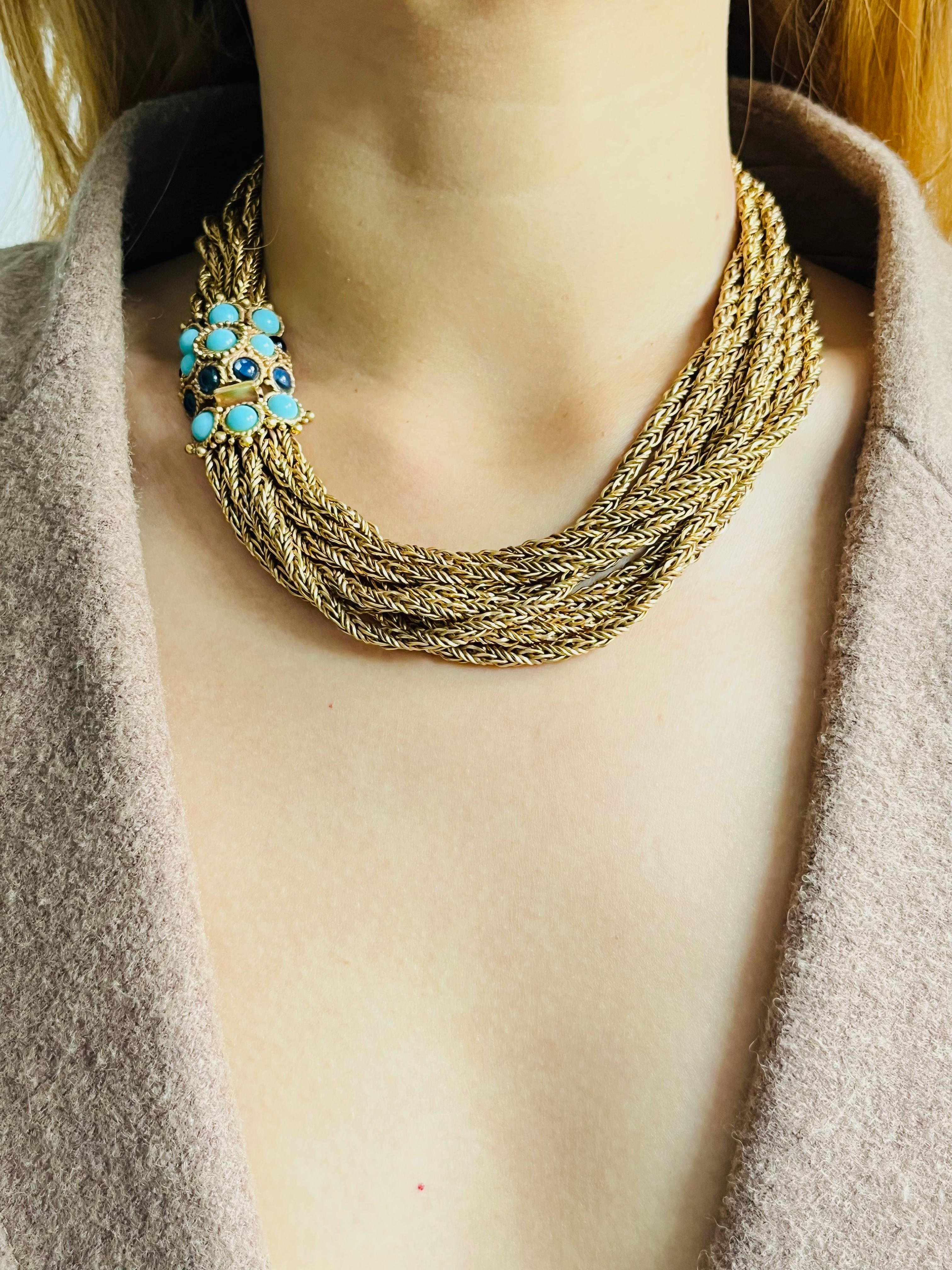 Christian Dior Vintage 1967 Turquoise Navy Cabochon 8 Strands Layers Necklace For Sale 4