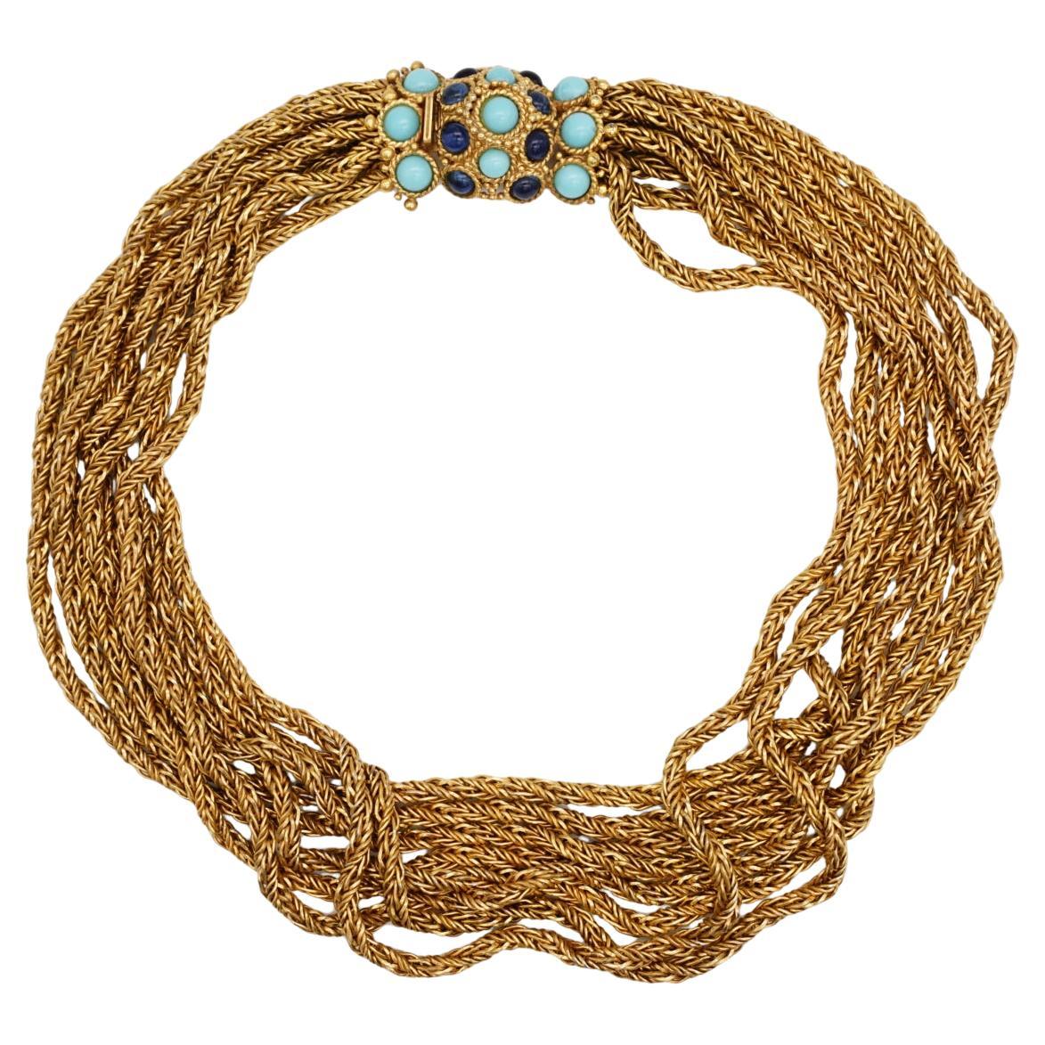 Christian Dior Vintage 1967 Turquoise Navy Cabochon 8 Strands Layers Necklace For Sale
