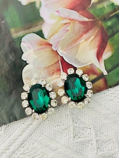 Christian Dior Vintage 1968 Green Emerald Sparkling Crystals Sunflower Earrings