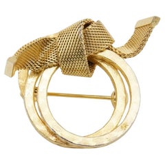 Christian Dior Vintage 1968 GROSSE Gold Ribbon Layer Circle Hoop Mesh Bow Brooch