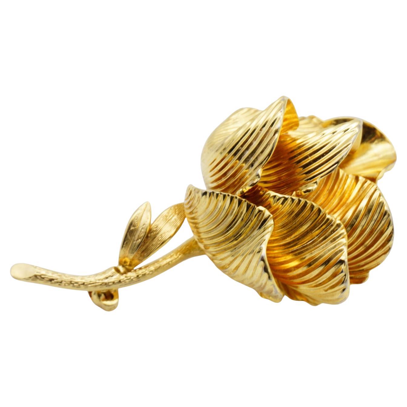 Christian Dior Vintage 1968 GROSSE Gold Textured Layer Rose Curled Flower Brooch