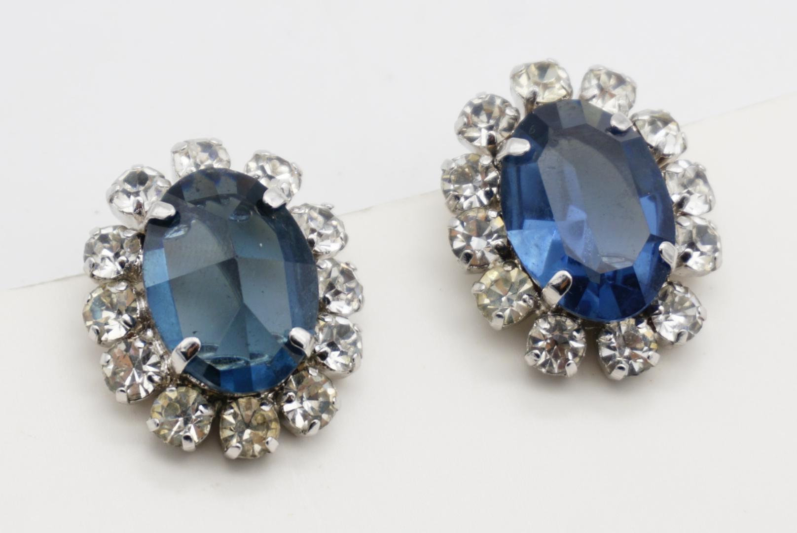 Christian Dior Vintage 1968 Oval Sapphire Navy Circle Crystals Clip Earrings im Angebot 7