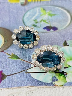 Christian Dior Vintage 1968 Oval Sapphire Navy Circle Crystals Clip Earrings