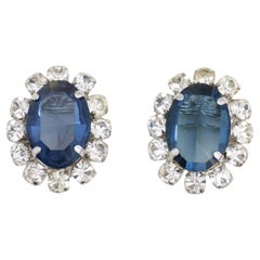 Christian Dior Vintage 1968 Oval Sapphire Navy Circle Crystals Clip Earrings