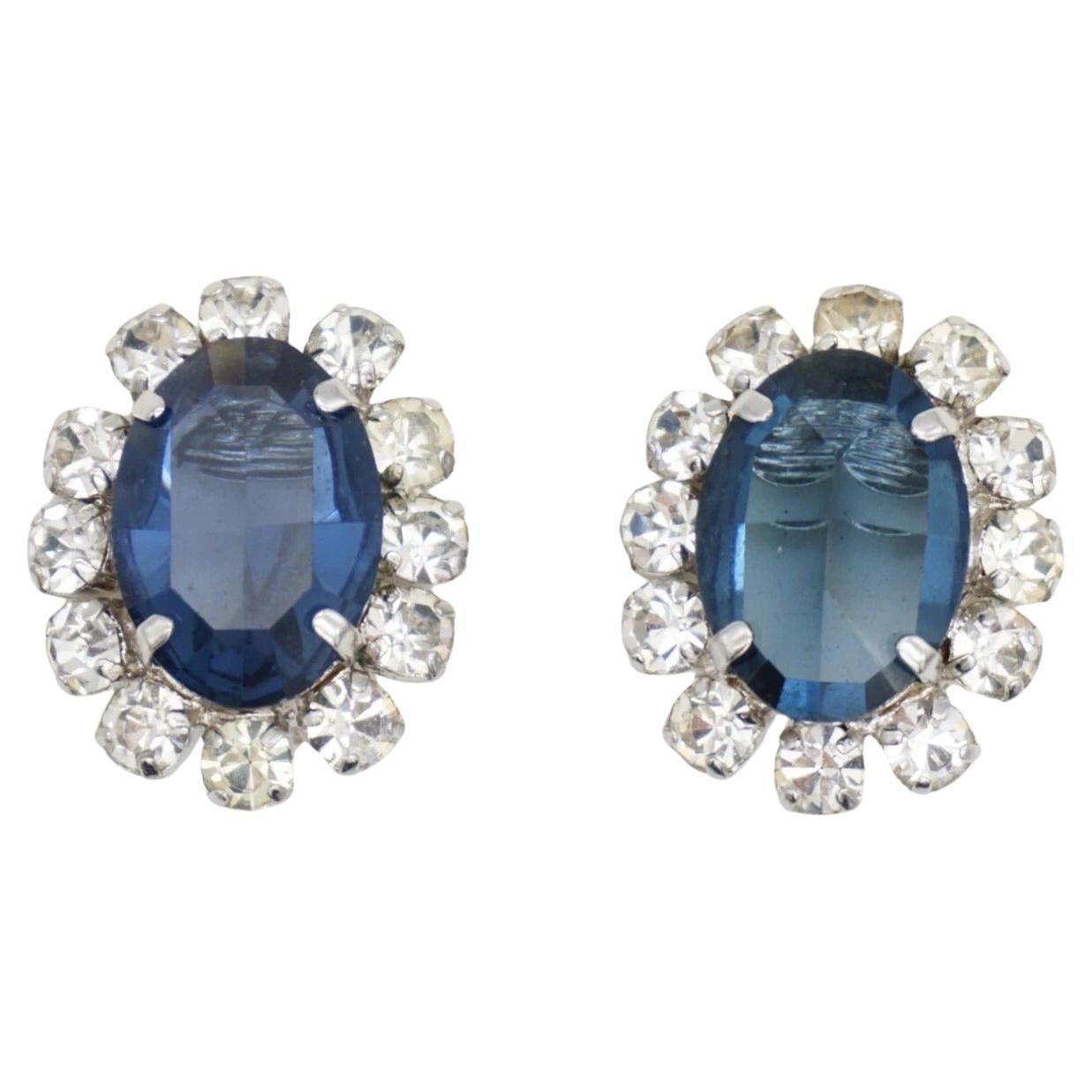 Christian Dior Vintage 1968 Oval Sapphire Navy Crystals Circle AB Clip Earrings For Sale