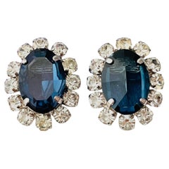 Christian Dior Vintage 1968 Rare Sapphire Blue Circle Oval AB Earrings