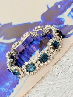 Christian Dior Vintage 1968 Sapphire Blue Clear Crystals Silver Linked Bracelet