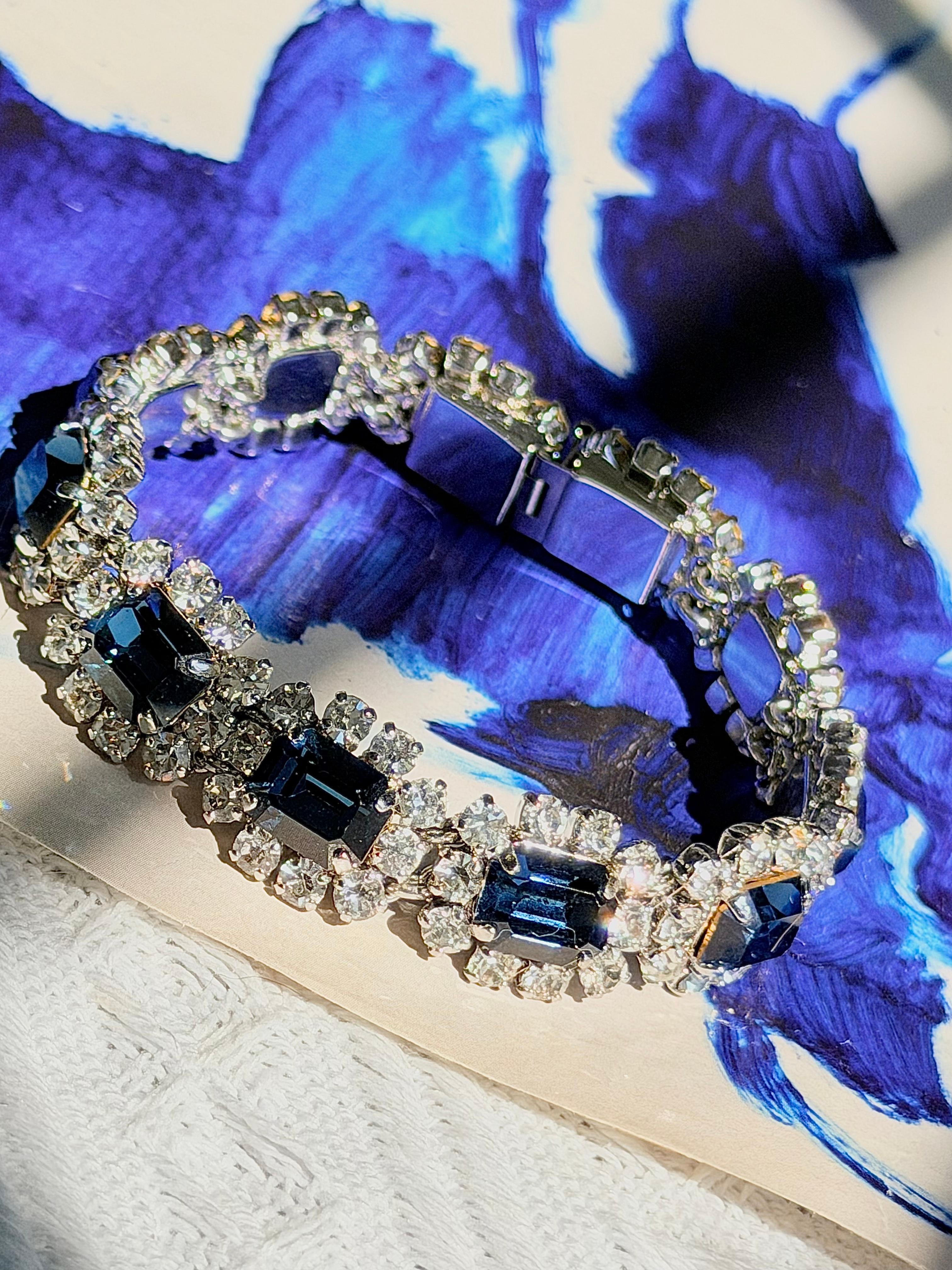 Christian Dior Vintage 1968 Sapphire Blue Clear Crystals Silver