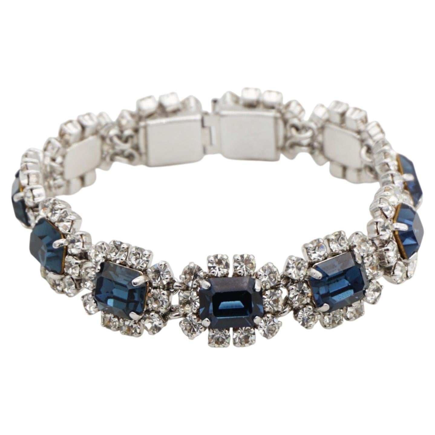 Christian Dior Vintage 1968 Sapphire Blue Clear Crystals Silver Linked Bracelet