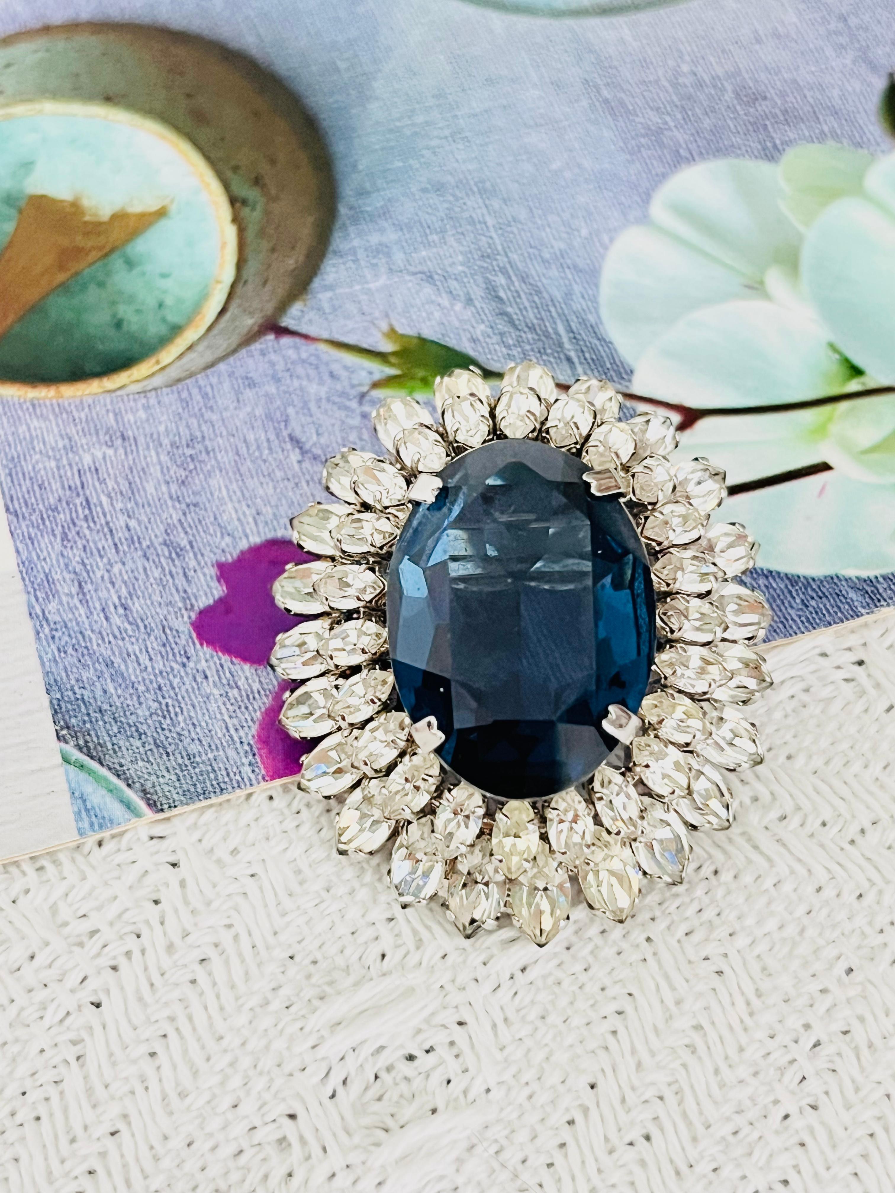 Christian Dior Vintage 1968 Sapphire Navy Crystals Marquise Double