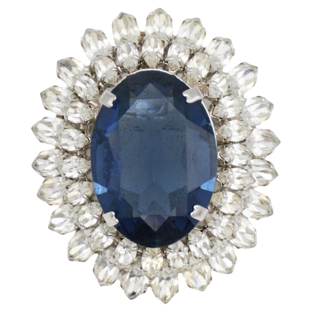 Christian Dior Vintage 1968 Sapphire Navy Crystals Marquise Double Dome Brooch